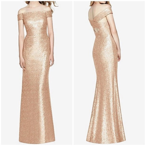 NWT Dessy Collection Off The Shoulder Sequin Trumpet Gown Dress Rose Gold 3011 - Picture 1 of 12